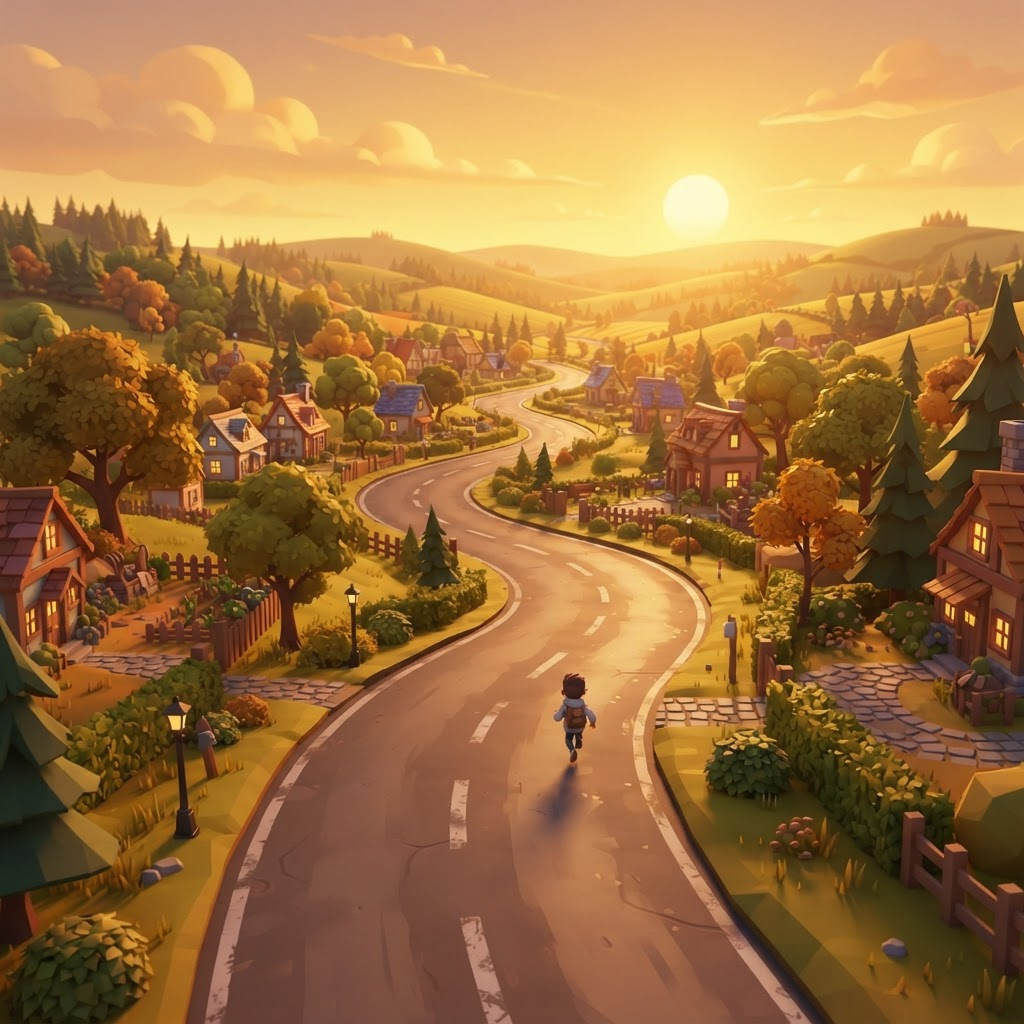 Bioma Village de ParryRoad: una ruta rural entre colinas al atardecer dorado.